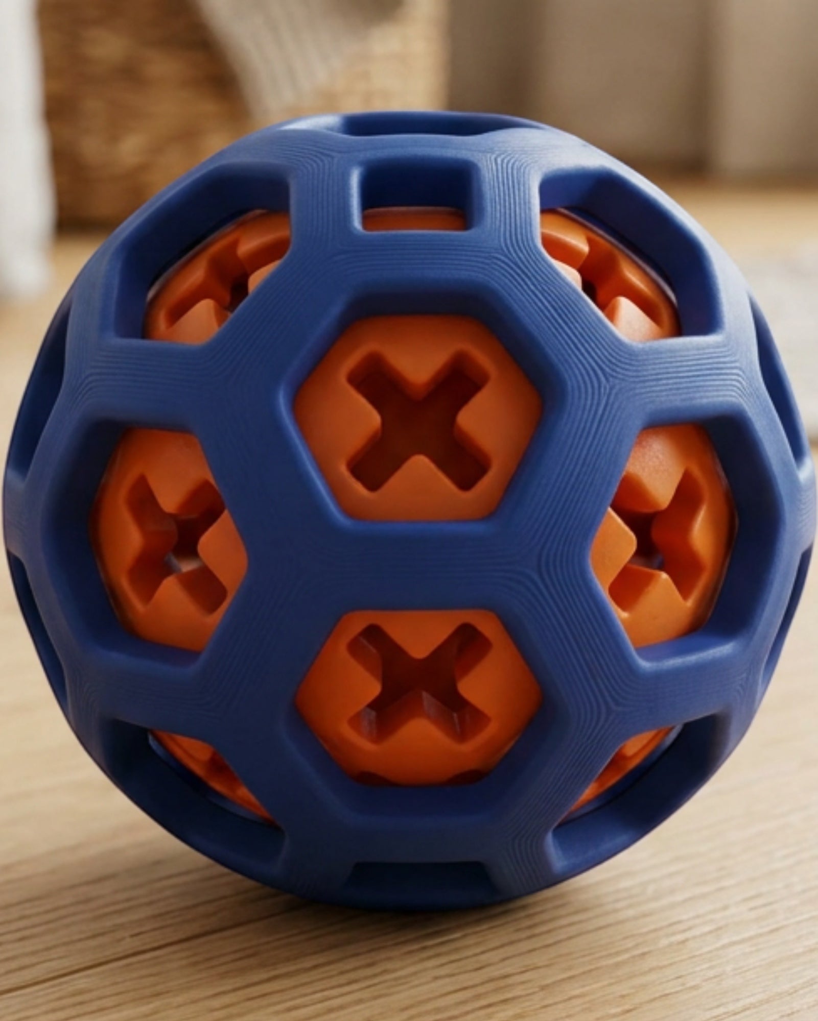 Zovd Hex-Window Treat Ball for Dogs 12 cm Cobalt Orange - Lifestyle view