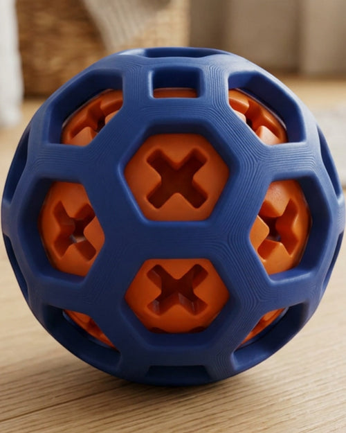 Zovd Hex-Window Treat Ball for Dogs 12 cm Cobalt Orange - Lifestyle view