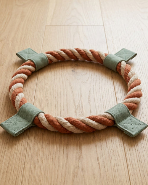 Zovd Braided Rope Ring Dog Toy 24 cm Rust Natural with 4 Canvas Tabs - Lifestyle view